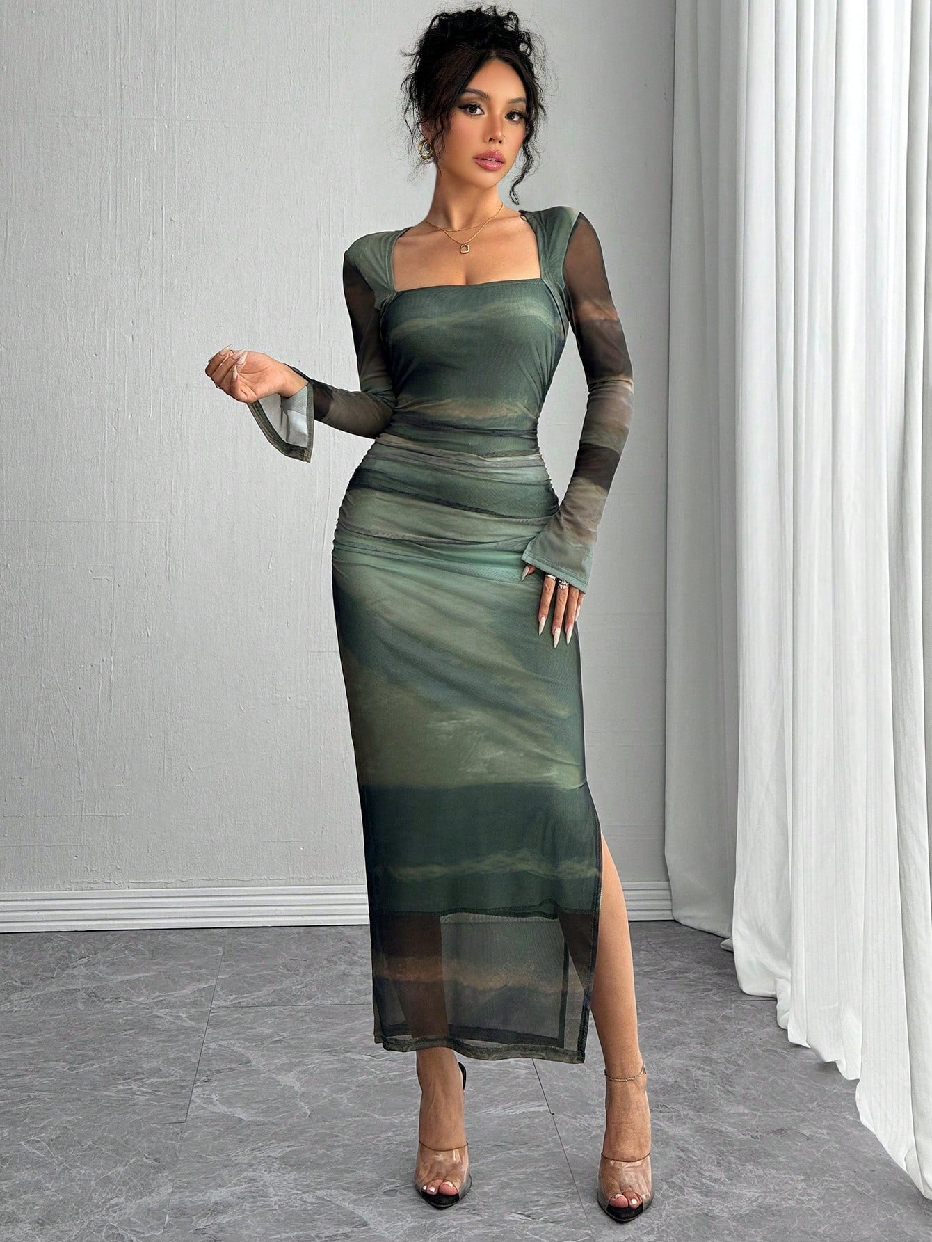 Islaluna Long Sleeve, Split Cuff, Drawcord Waist, U-Neck, Mesh Abstract Print Fitted Dress for Women Maxi Women Outfit Fall Cloth for Women