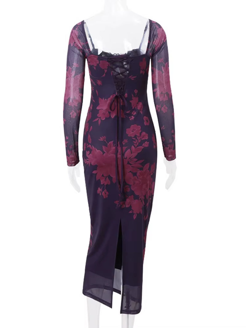 Elegant Backless Print Maxi Dress for Women Autumn Winter New Square Collar Long Sleeve Bodycon Club Party Sexy Dress