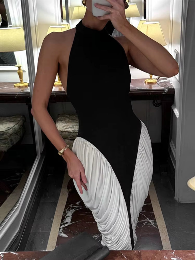 Patchwork Halter Backless Sexy Midi Dress Women Gown Elegant Fashion Contrast Color Sleeveless Pleated Long Dress