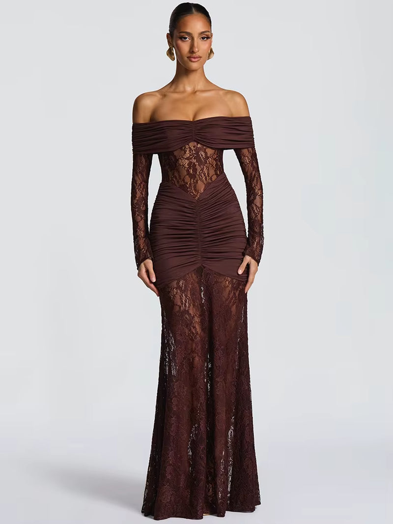 Off-Shoulder Long Sleeve Sexy Maxi Dress Women Fashion Lace See through Strapless Backless Bodycon Club Party Dresses