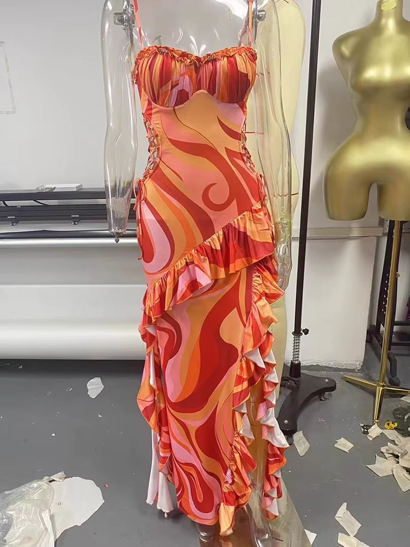 Print Ruffle Cut Out Sexy Maxi Dress Women Fashion Spaghetti Strap Sleeveless Backless Club Party Long Dress Female