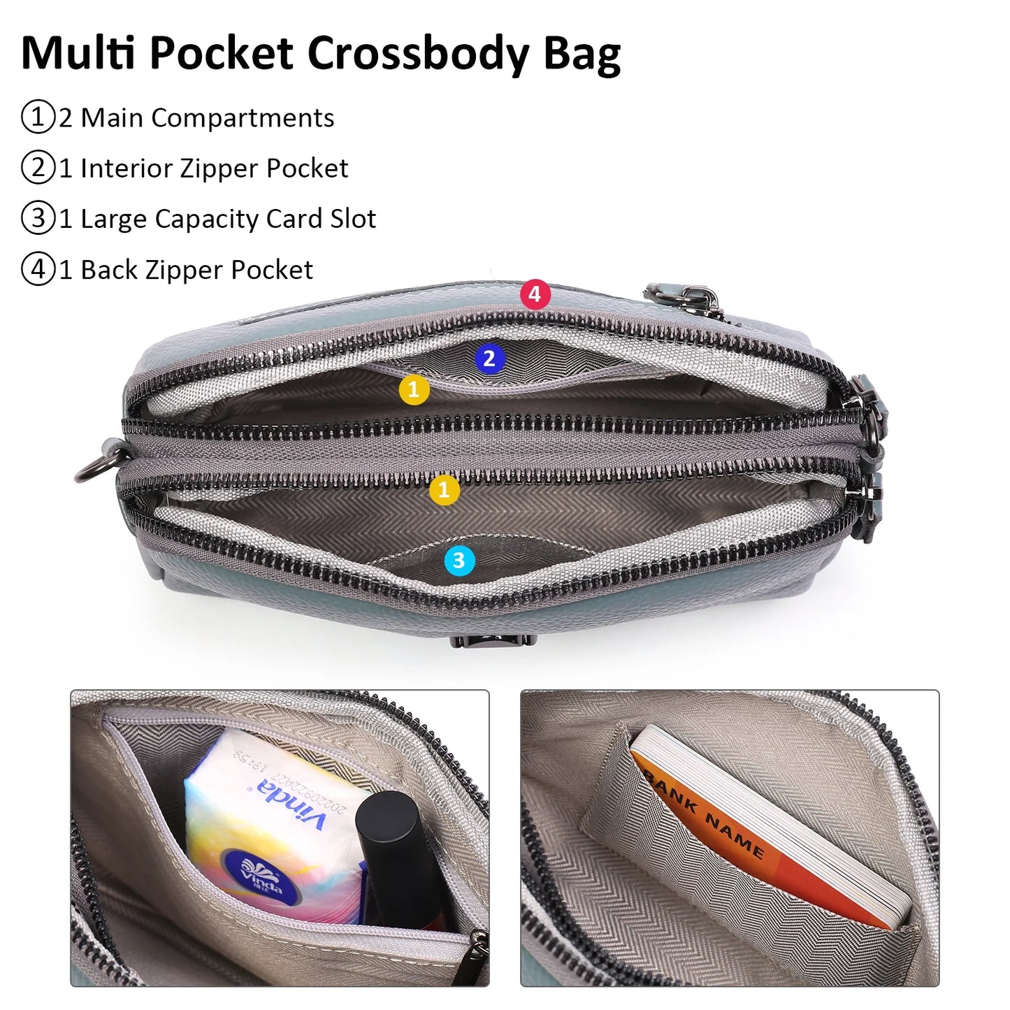 Crossbody Bags for Women Small Genuine Leather Shoulder Purse Cross Body Bag with Wristlet Top Zipper
