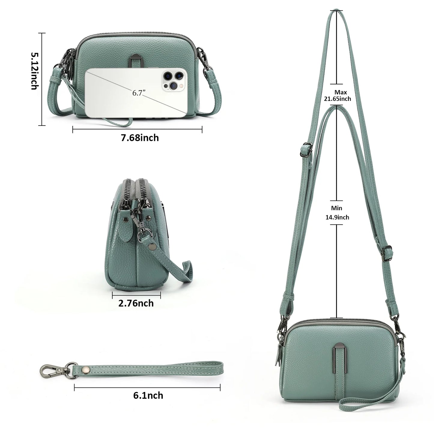 Crossbody Bags for Women Small Genuine Leather Shoulder Purse Cross Body Bag with Wristlet Top Zipper