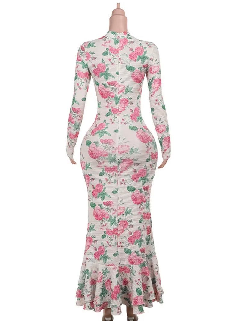 Bodycon Long Sleeve Half High Collar Print Zipper Elegant Maxi Dress Women Slim High Waist Sexy Dress Ladies Outfits