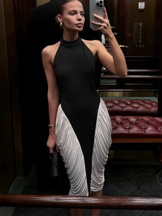 Patchwork Halter Backless Sexy Midi Dress Women Gown Elegant Fashion Contrast Color Sleeveless Pleated Long Dress