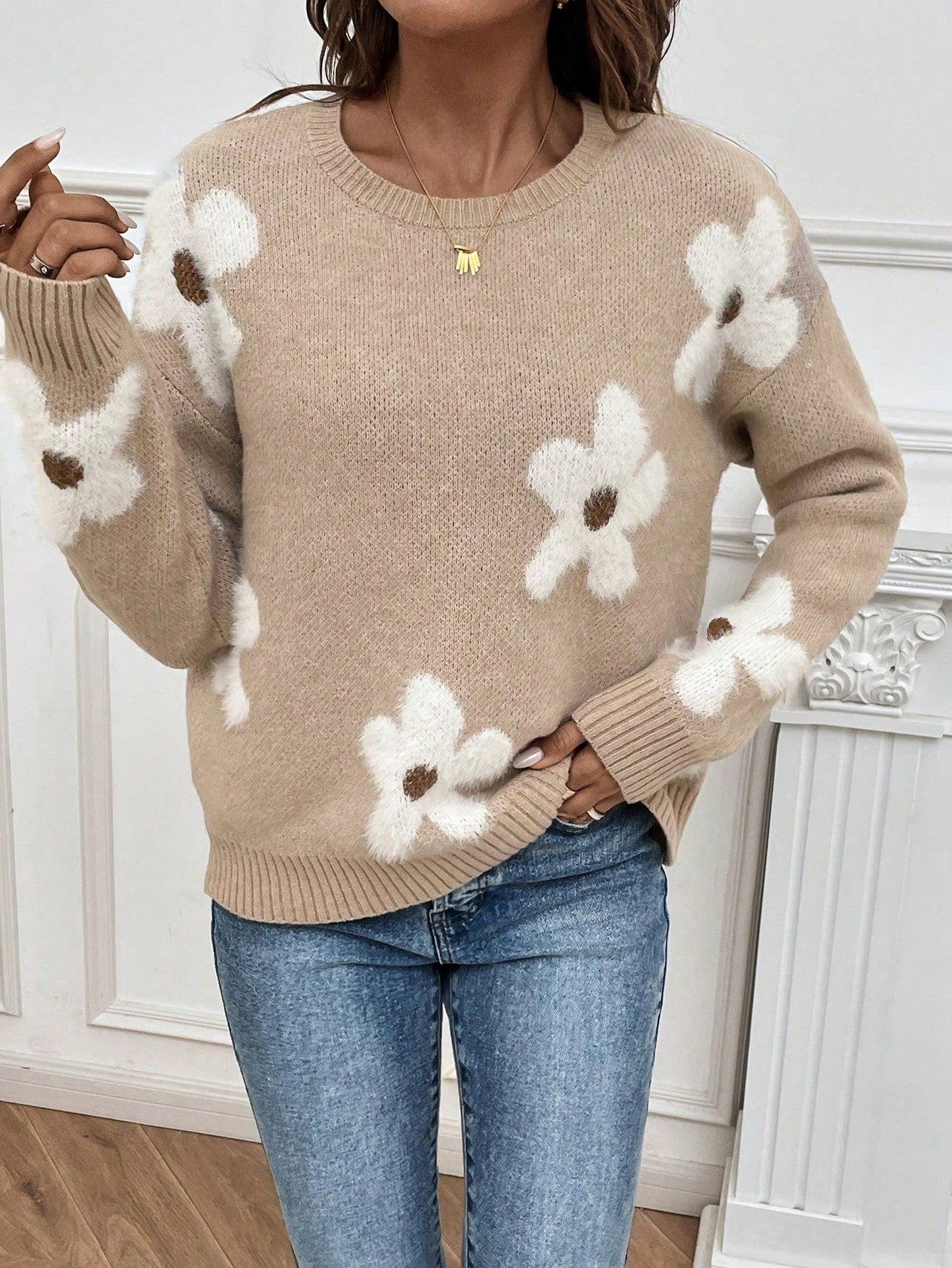 EMERY ROSE Floral Pattern Drop Shoulder Sweater,Long Sleeve Tops Knit Pullover Fall Winter Outfit