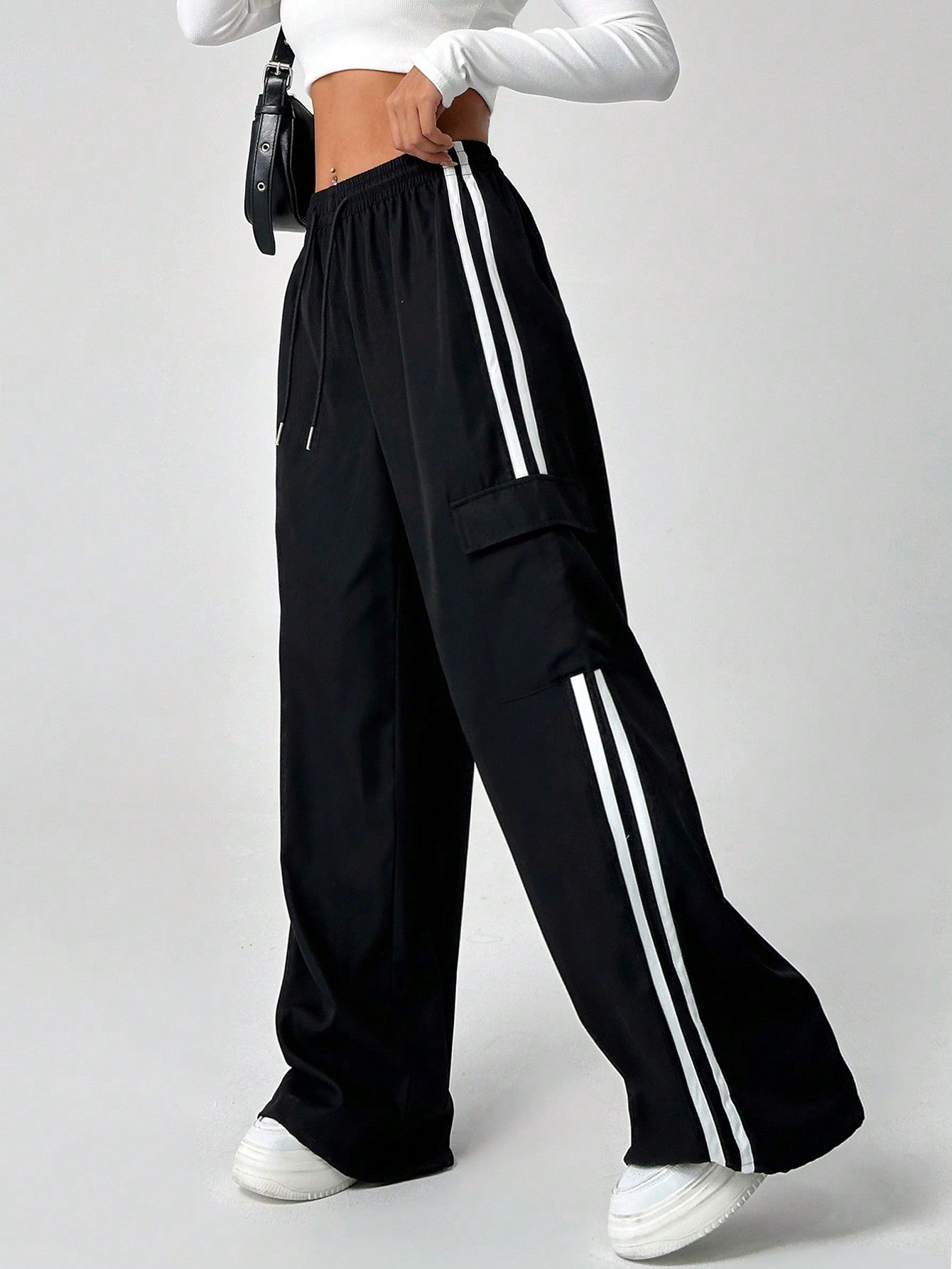 Ezwear Drawstring Waist Striped Side Pocket Pants