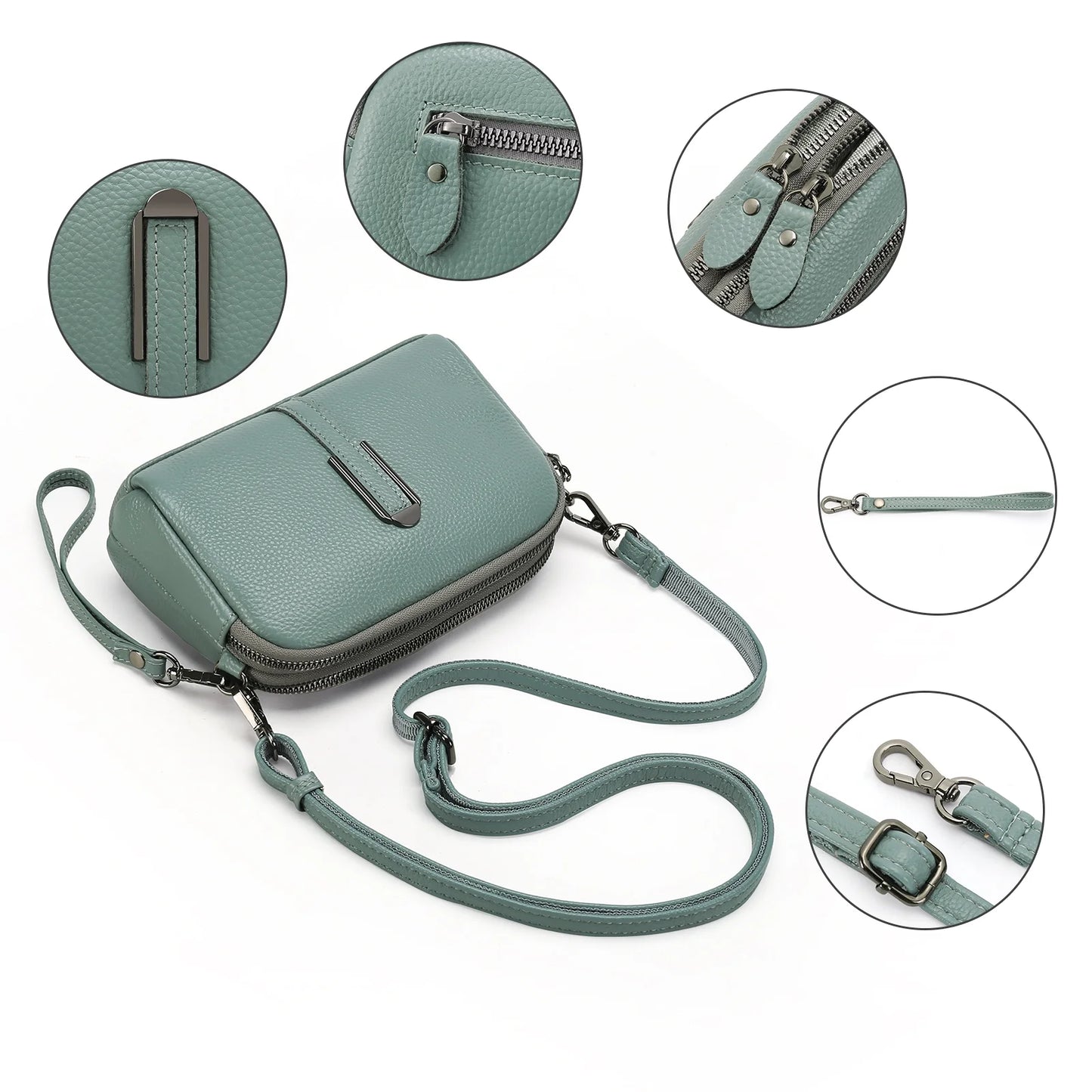 Crossbody Bags for Women Small Genuine Leather Shoulder Purse Cross Body Bag with Wristlet Top Zipper