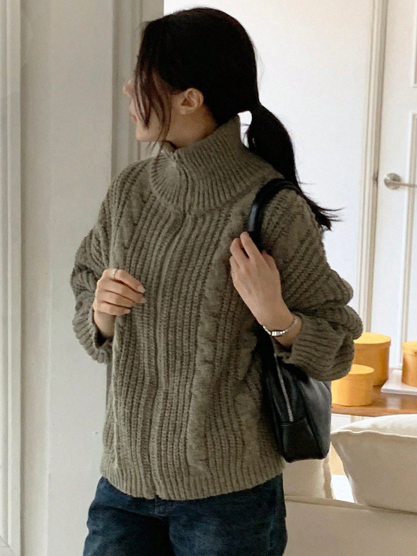 Dazy-Less Drop Shoulder Zipper Front Cardigan,Three Quarter Sleeve Tops Jacket