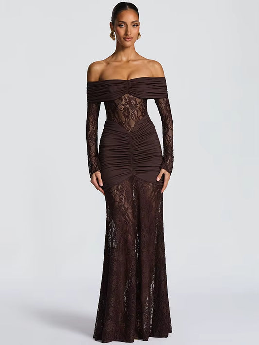 Off-Shoulder Long Sleeve Sexy Maxi Dress Women Fashion Lace See through Strapless Backless Bodycon Club Party Dresses