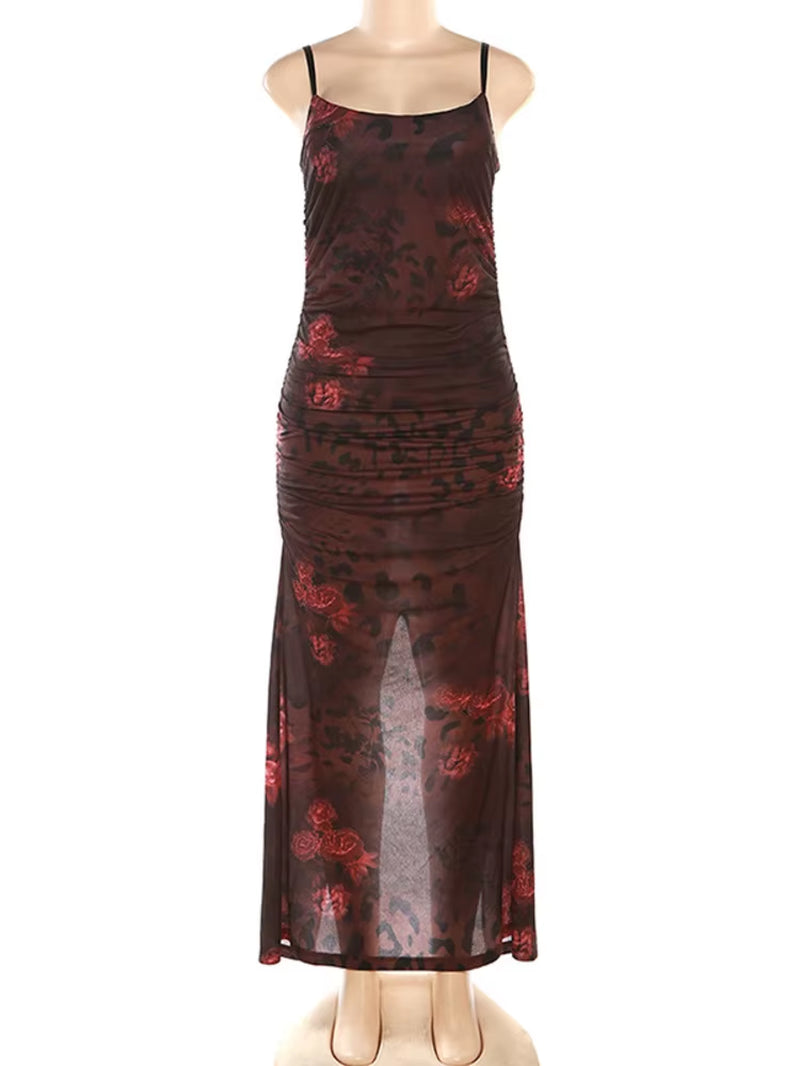 Elegant Spaghetti Strap Print Maxi Dress for Women 2023 Summer New Sleeveless Backless Bodycon Long Dress Vestido