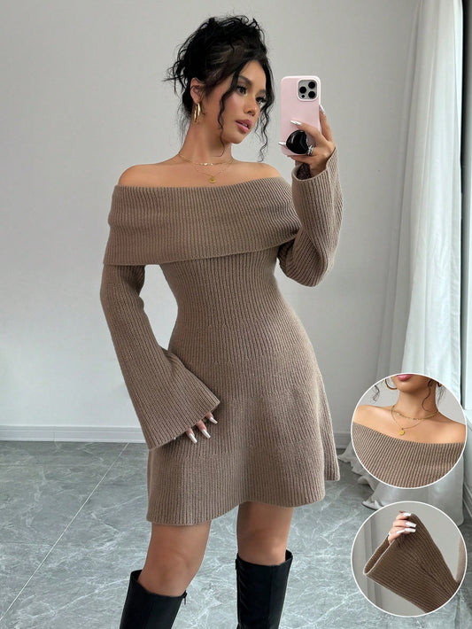 Chiquease Elegant Fitted Off-Shoulder Cinched Waist Knit Warm A-Line Long Sleeve Solid Color Sweater Dress for Women, Autumn/Winter Fall Cloth for Women