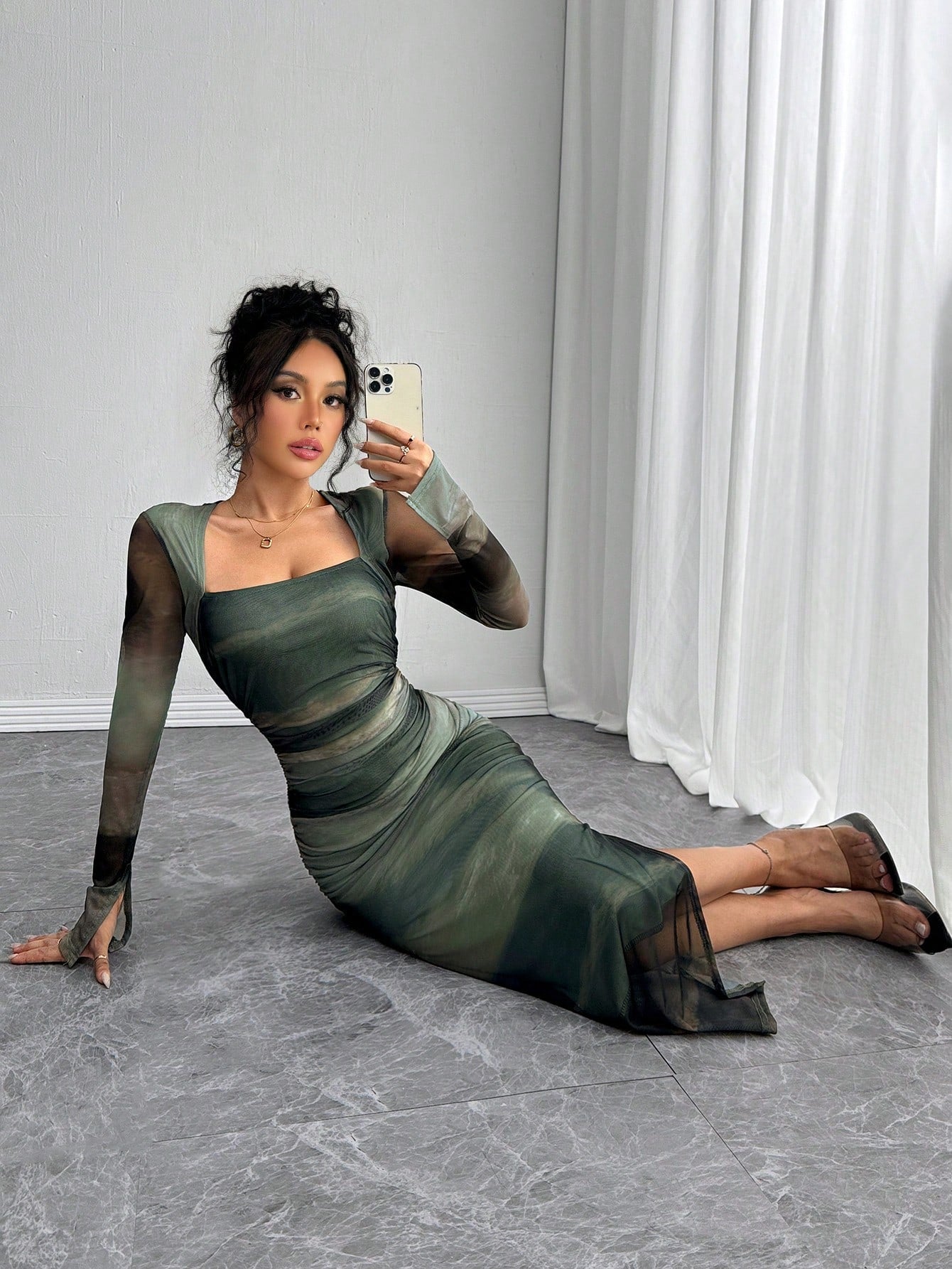 Islaluna Long Sleeve, Split Cuff, Drawcord Waist, U-Neck, Mesh Abstract Print Fitted Dress for Women Maxi Women Outfit Fall Cloth for Women
