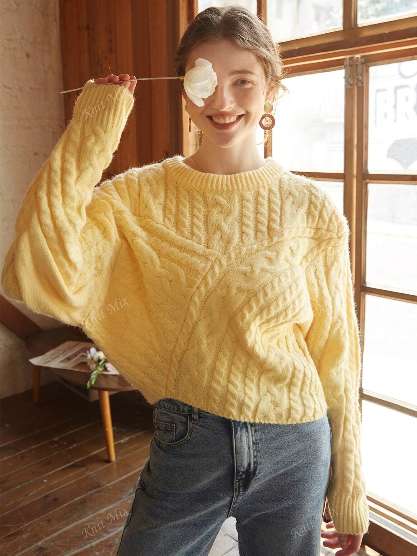 Autumn Winter Knit Sweater Thick French Style Loose Pullover Long Sleeve round Neck Jumper Back to School Fall Women Clothes Autumn Christmas New Year Chic (Pattern Random)