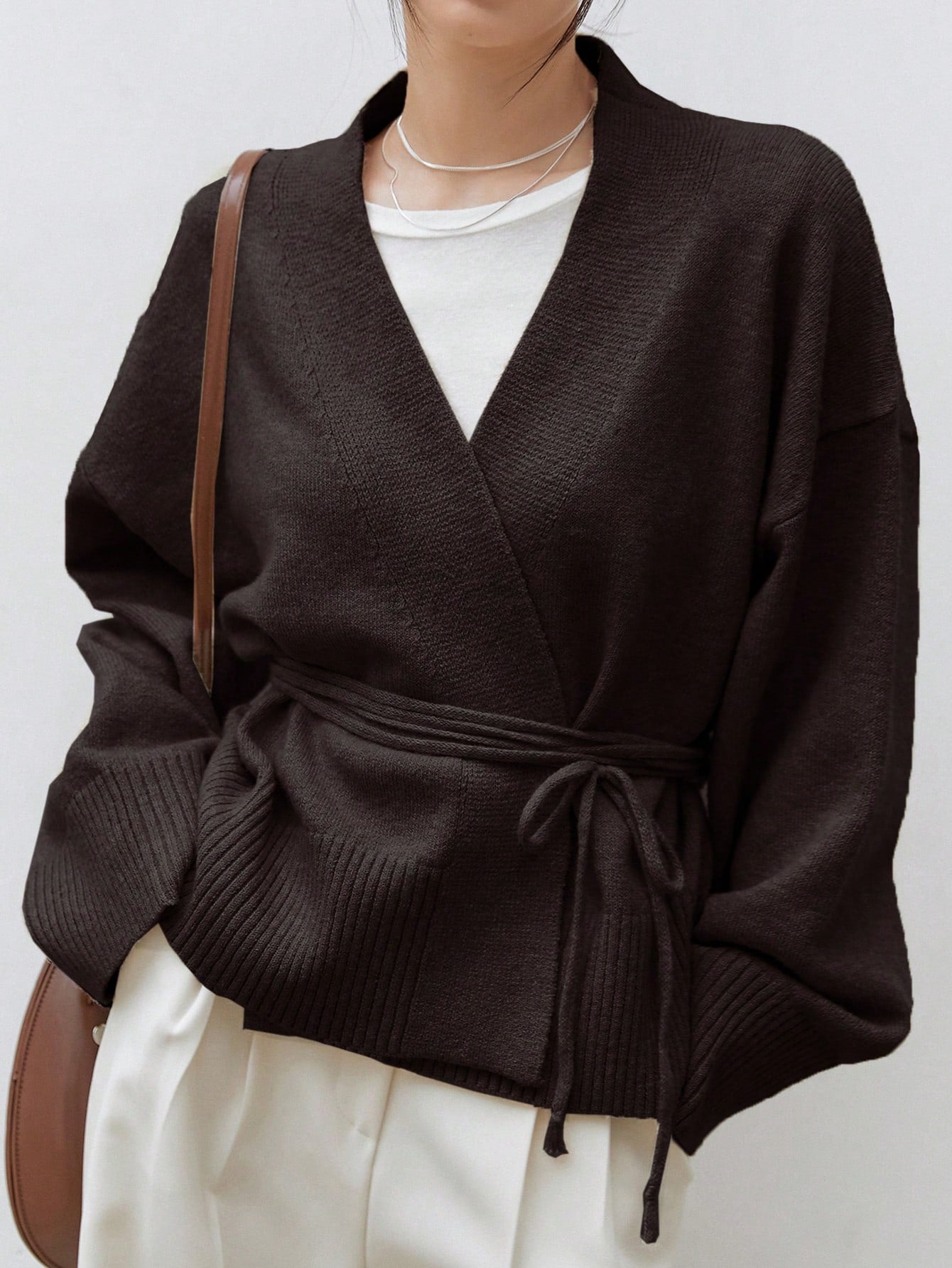 Dazy-Less Drop Shoulder Belted Cardigan,Long Sleeve Tops Old Money Style Business Casual Woman Work Clothes