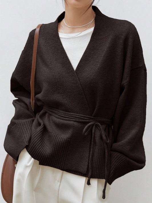 Dazy-Less Drop Shoulder Belted Cardigan,Long Sleeve Tops Old Money Style Business Casual Woman Work Clothes