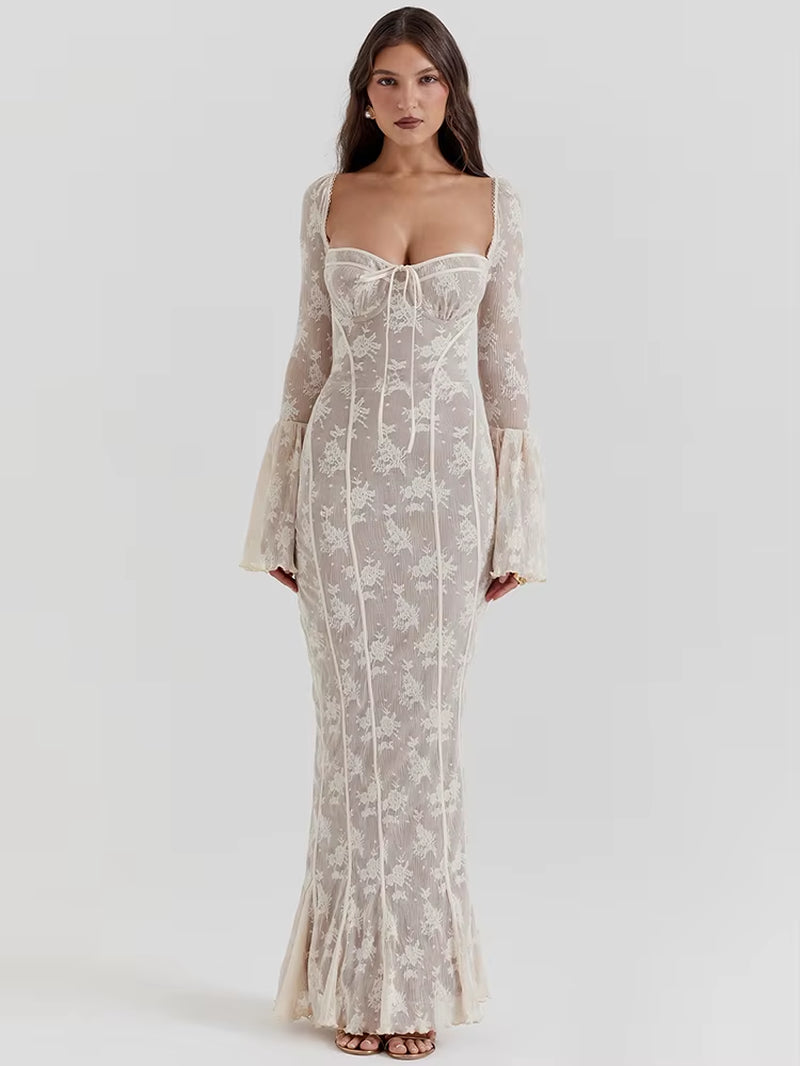 Lace Print Long Flare Sleeve Sexy Maxi Dress for Women Fashion Square Collar Backless Bodycon Club Party Sexy Dress