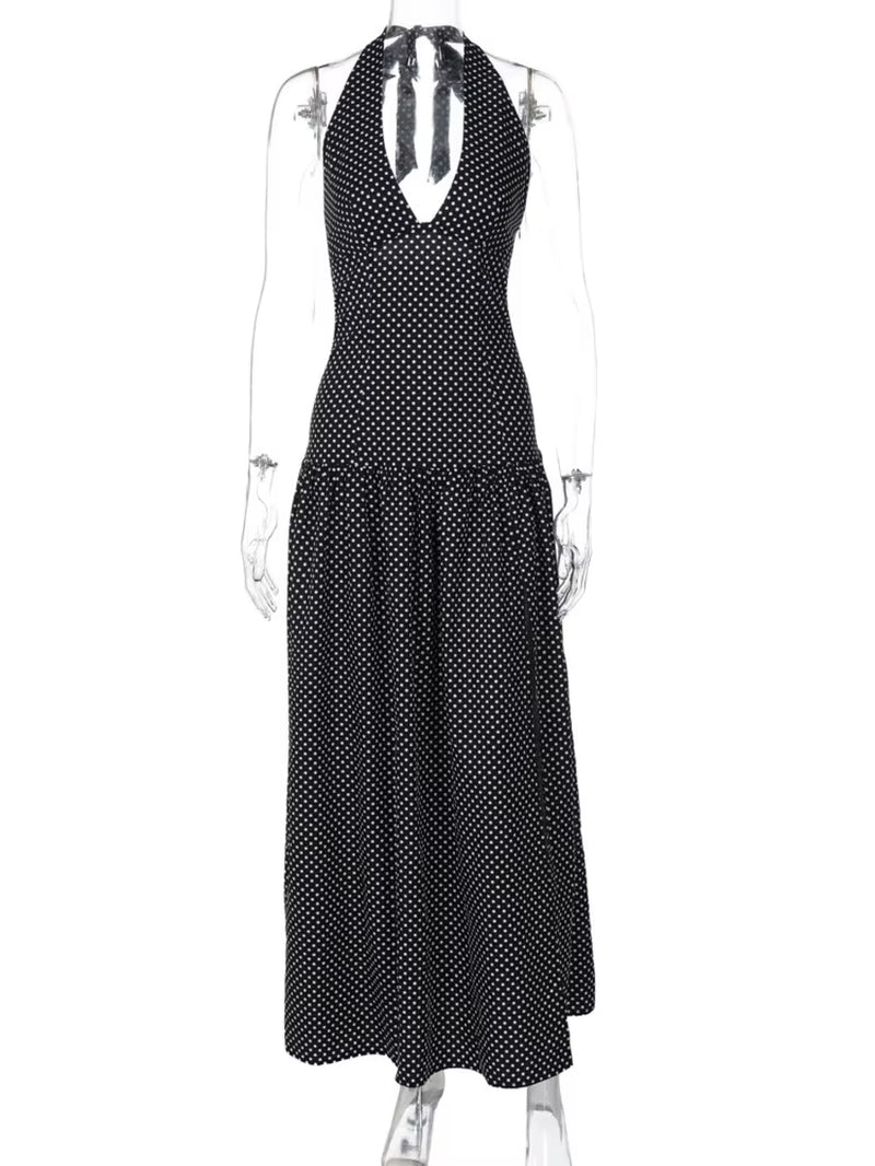 Polka Dot Backless Sexy Maxi Dress Women Fashion Halter Deep V Neck Sleeveless Thigh High Split Bodycon Club Dress