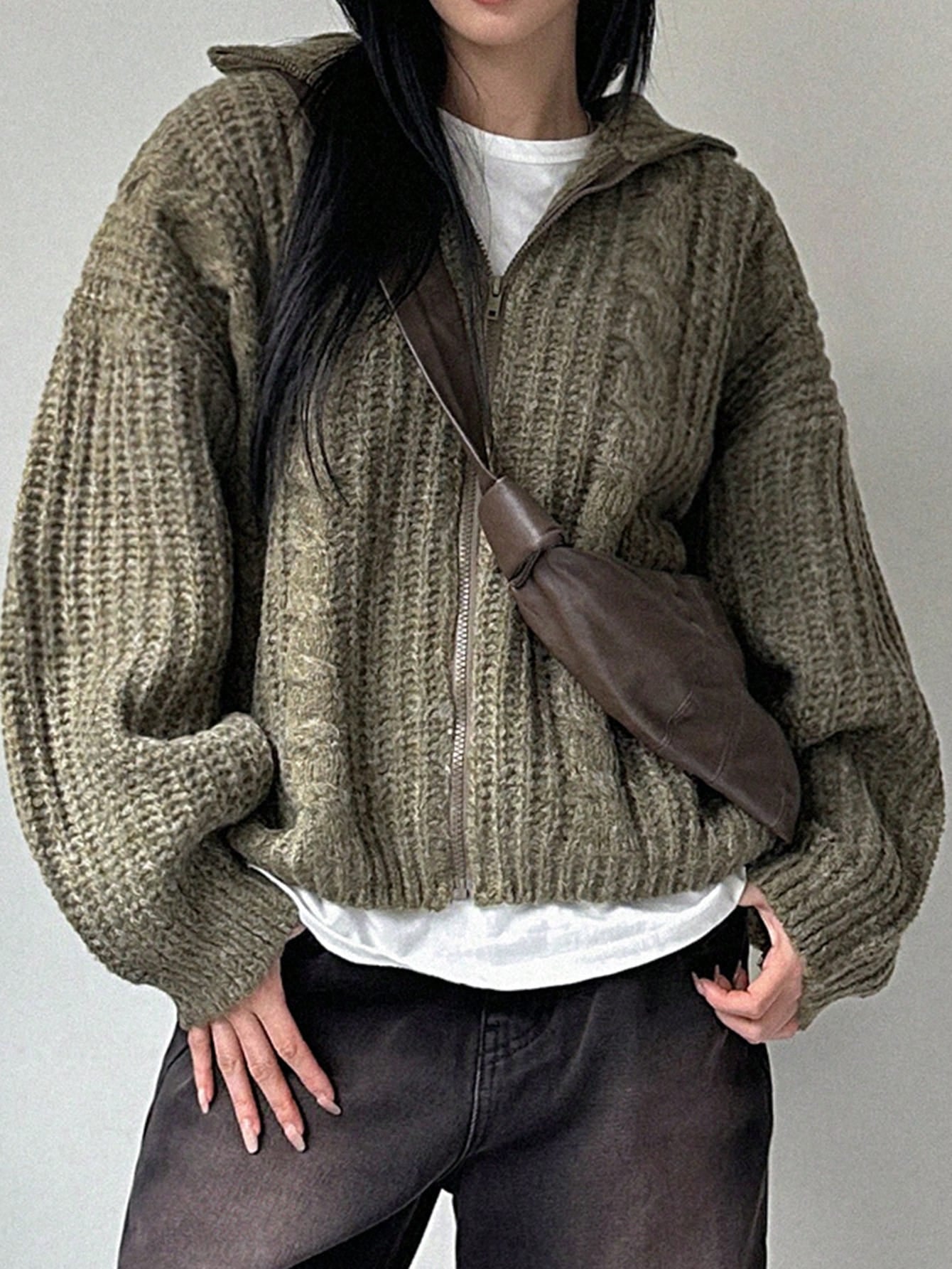 Dazy-Less Drop Shoulder Zipper Front Cardigan,Three Quarter Sleeve Tops Jacket