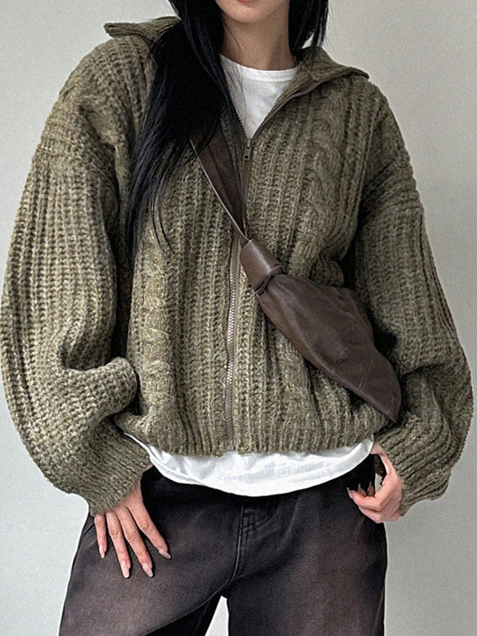 Dazy-Less Drop Shoulder Zipper Front Cardigan,Three Quarter Sleeve Tops Jacket