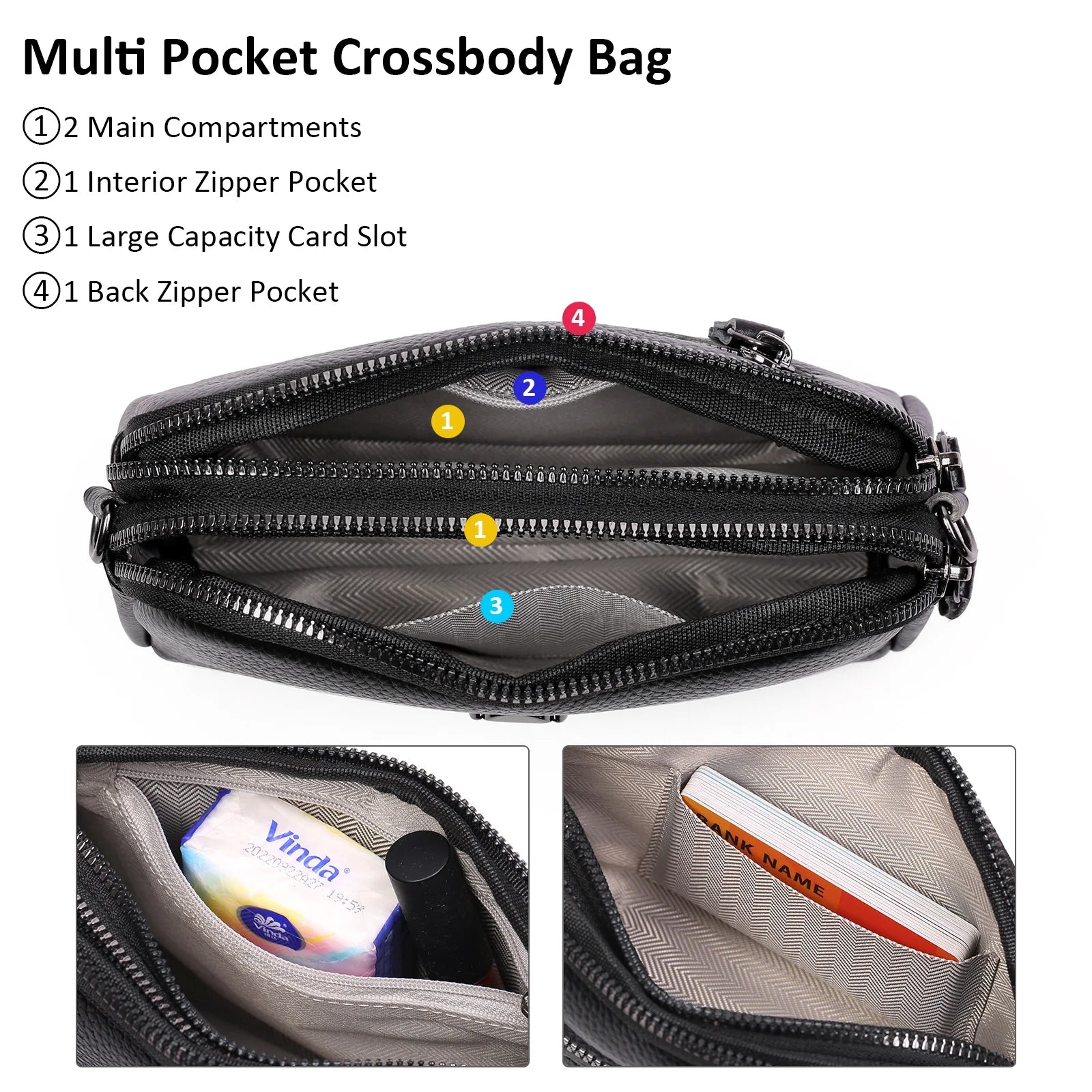 Crossbody Bags for Women Small Genuine Leather Shoulder Purse Cross Body Bag with Wristlet Top Zipper