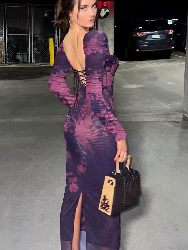 Elegant Backless Print Maxi Dress for Women Autumn Winter New Square Collar Long Sleeve Bodycon Club Party Sexy Dress