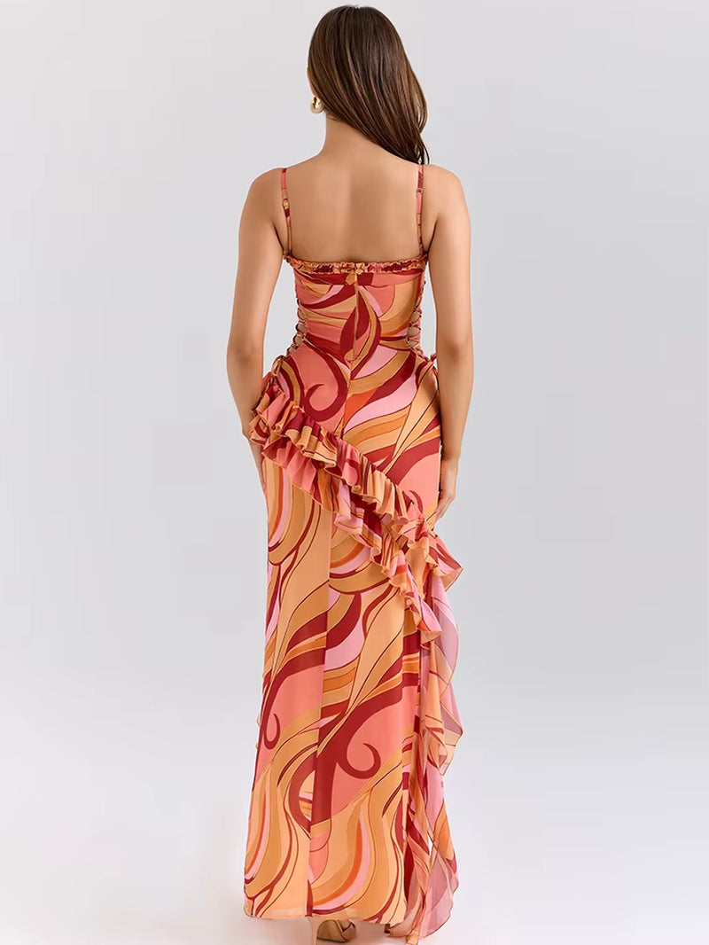 Print Ruffle Cut Out Sexy Maxi Dress Women Fashion Spaghetti Strap Sleeveless Backless Club Party Long Dress Female
