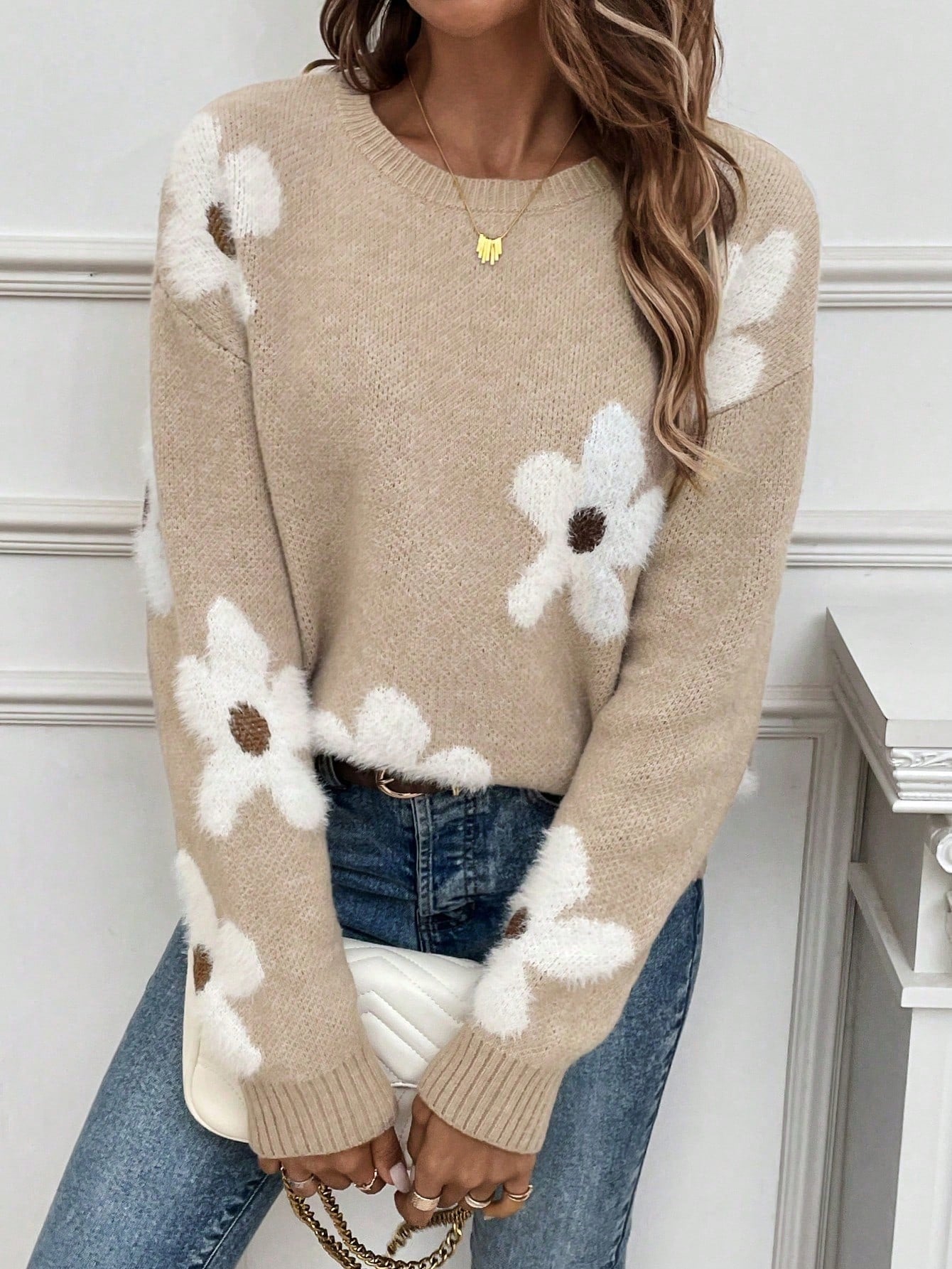 EMERY ROSE Floral Pattern Drop Shoulder Sweater,Long Sleeve Tops Knit Pullover Fall Winter Outfit