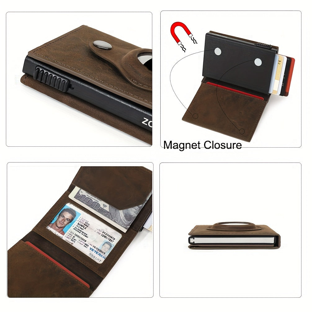 Men'S Wallet with Airtag Card Slot, RFID Anti-Theft Credit Card Smart Pop-Up Tri-Fold Wallet