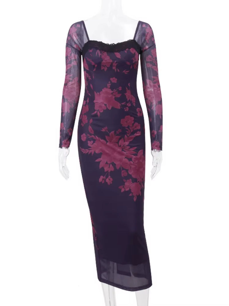 Elegant Backless Print Maxi Dress for Women Autumn Winter New Square Collar Long Sleeve Bodycon Club Party Sexy Dress