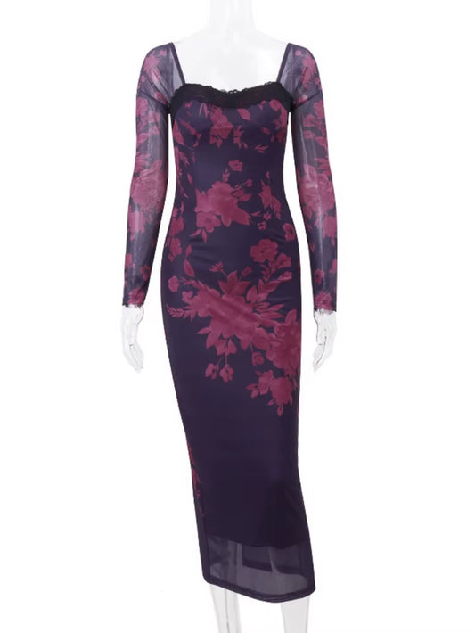 Elegant Backless Print Maxi Dress for Women Autumn Winter New Square Collar Long Sleeve Bodycon Club Party Sexy Dress