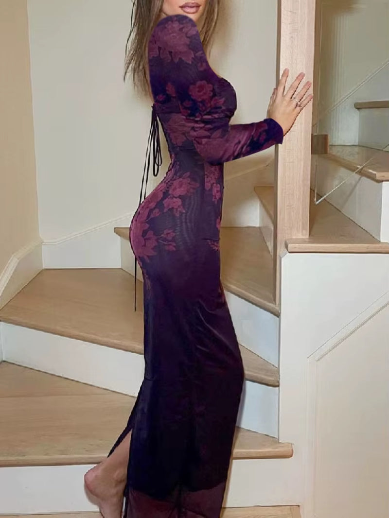 Elegant Backless Print Maxi Dress for Women Autumn Winter New Square Collar Long Sleeve Bodycon Club Party Sexy Dress