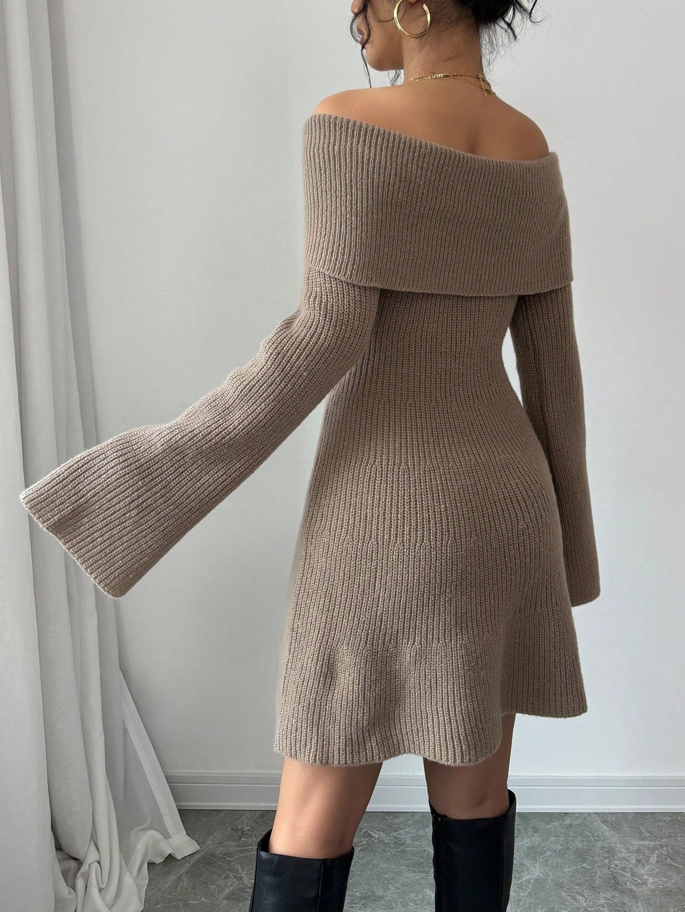 Chiquease Elegant Fitted Off-Shoulder Cinched Waist Knit Warm A-Line Long Sleeve Solid Color Sweater Dress for Women, Autumn/Winter Fall Cloth for Women