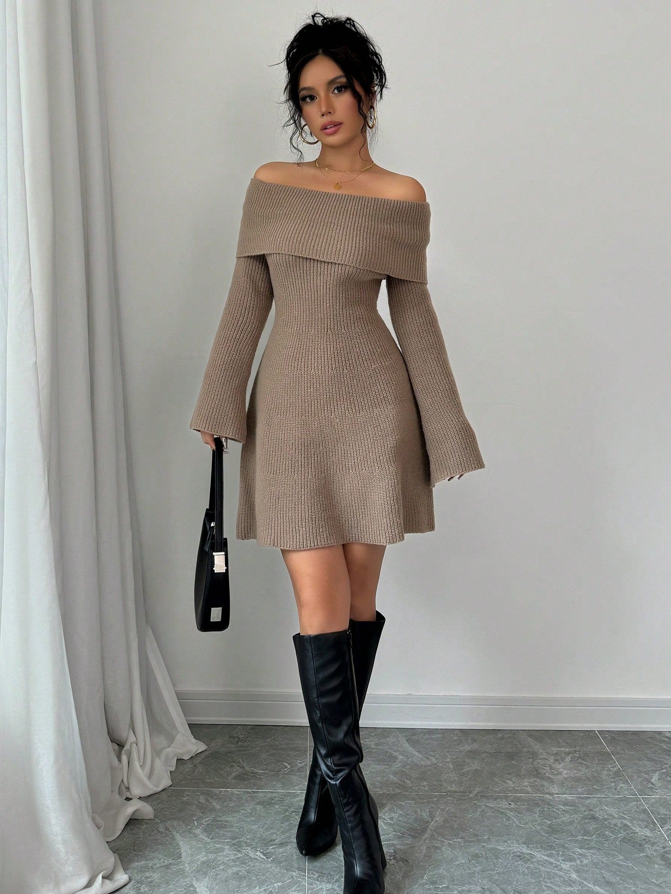 Chiquease Elegant Fitted Off-Shoulder Cinched Waist Knit Warm A-Line Long Sleeve Solid Color Sweater Dress for Women, Autumn/Winter Fall Cloth for Women
