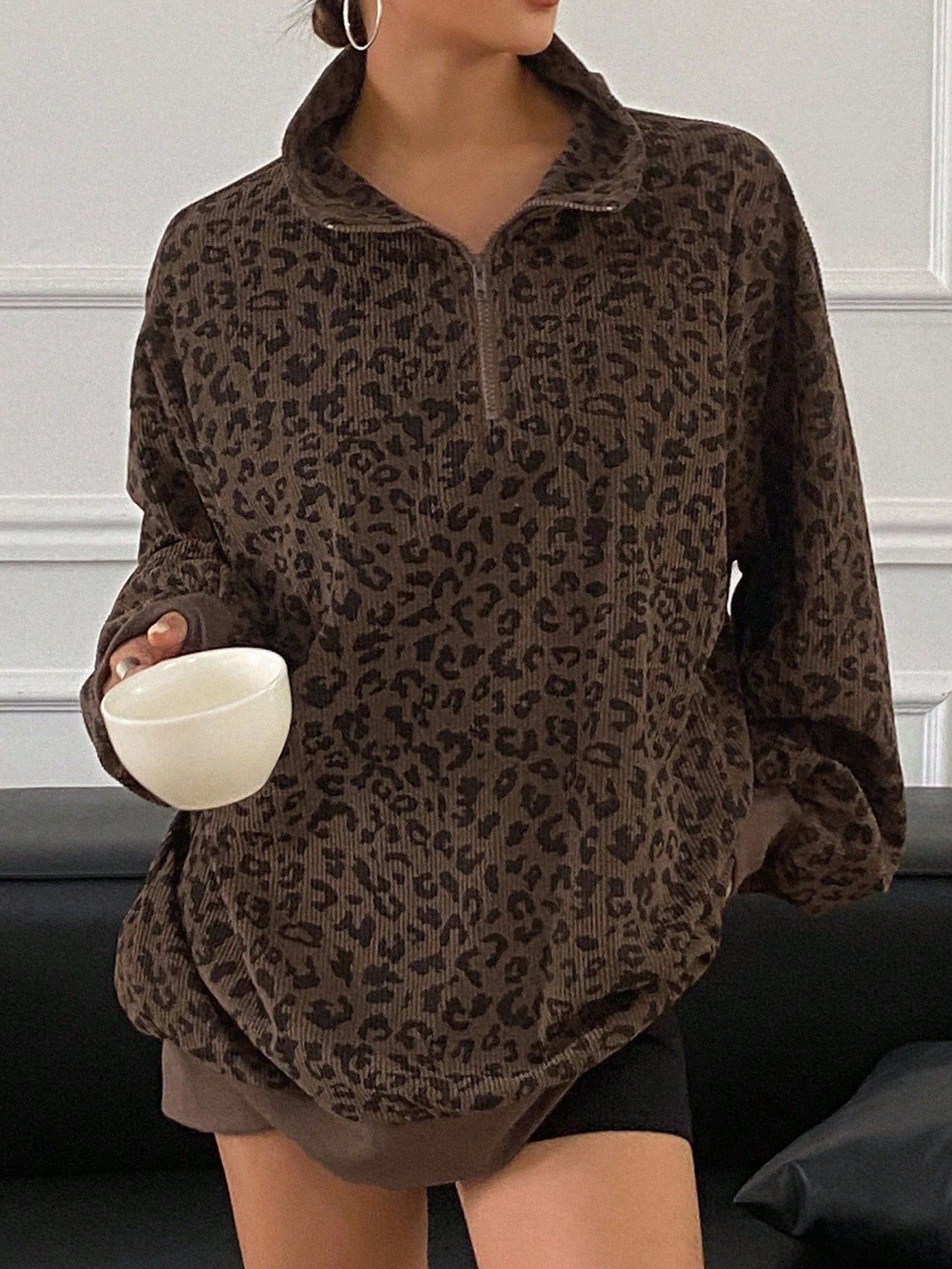 Livesso Women Casual Zip up Front Long Sleeve Leopard Print Sweatshirt,Fall Clothes