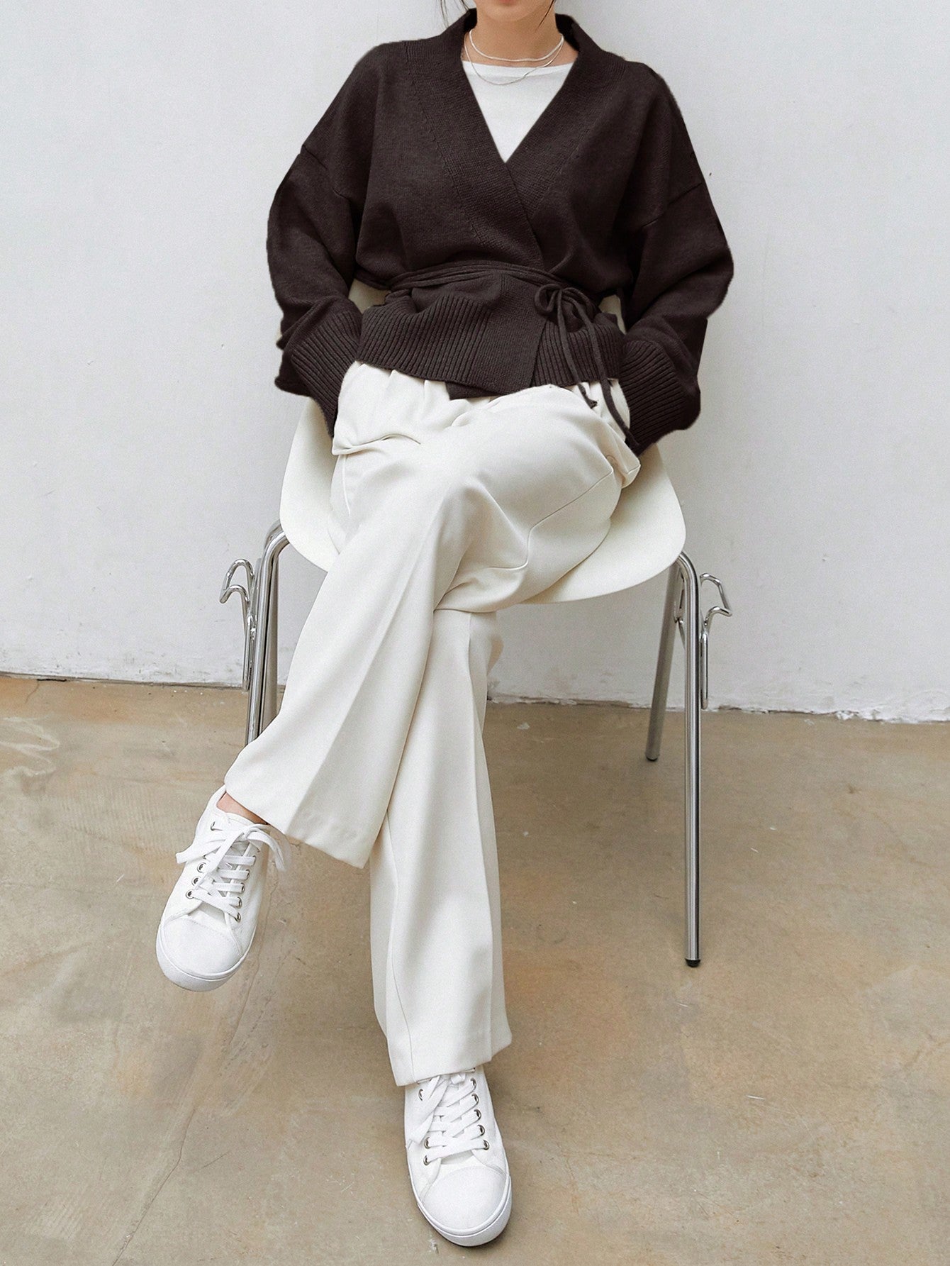 Dazy-Less Drop Shoulder Belted Cardigan,Long Sleeve Tops Old Money Style Business Casual Woman Work Clothes