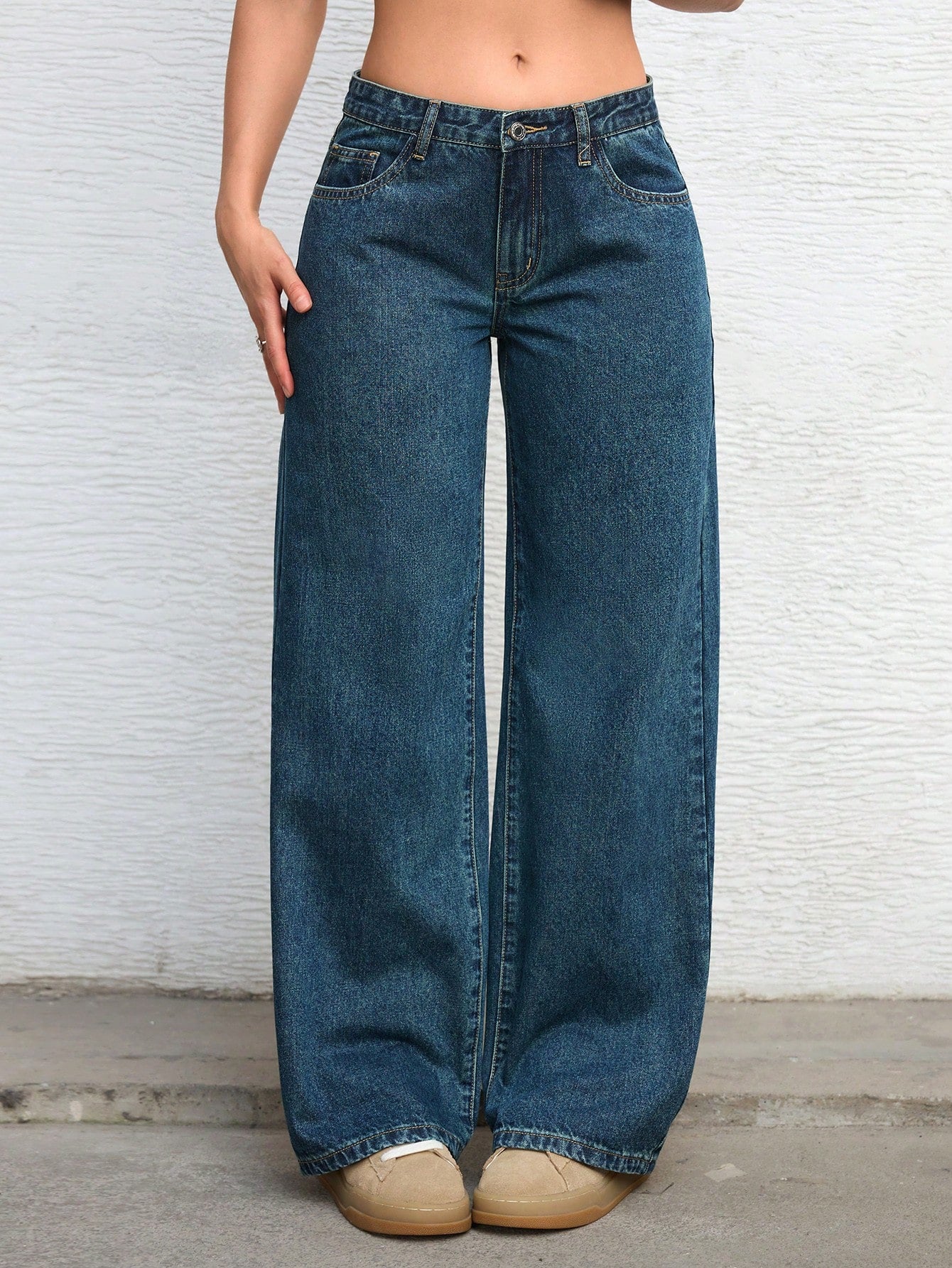 ICON Solid Color Pocket Casual Versatile Wide-Leg Jeans