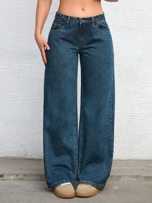 ICON Solid Color Pocket Casual Versatile Wide-Leg Jeans