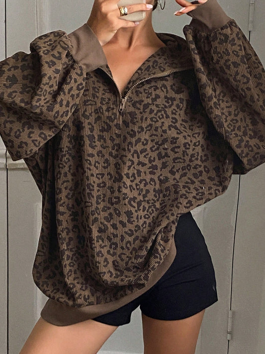 Livesso Women Casual Zip up Front Long Sleeve Leopard Print Sweatshirt,Fall Clothes