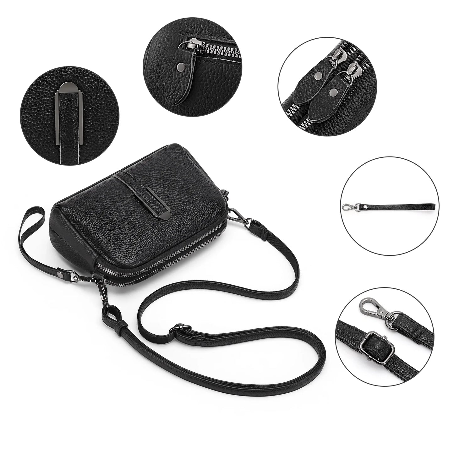 Crossbody Bags for Women Small Genuine Leather Shoulder Purse Cross Body Bag with Wristlet Top Zipper