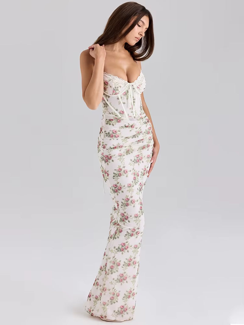 Spaghetti Strap Print Sexy Maxi Dress Women Elegant Off-Shoulder Sleeveless Backless Bodycon Ruched Club Party Dress