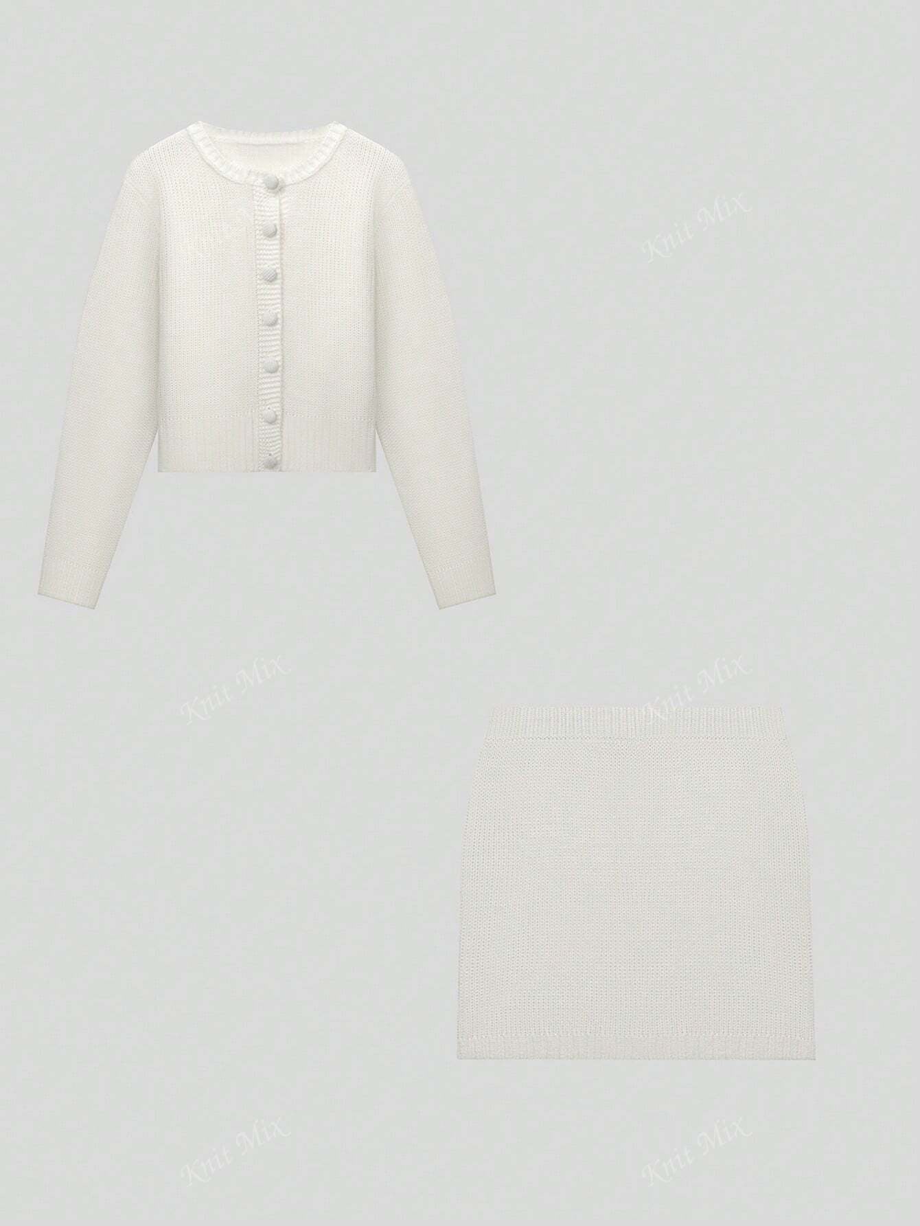 Knit Mix Elegant Women'S Knit Cardigan Set, Versatile Solid Color Long Sleeve Sweater & Half-Length Skirt Two Pieces for Casual Wear