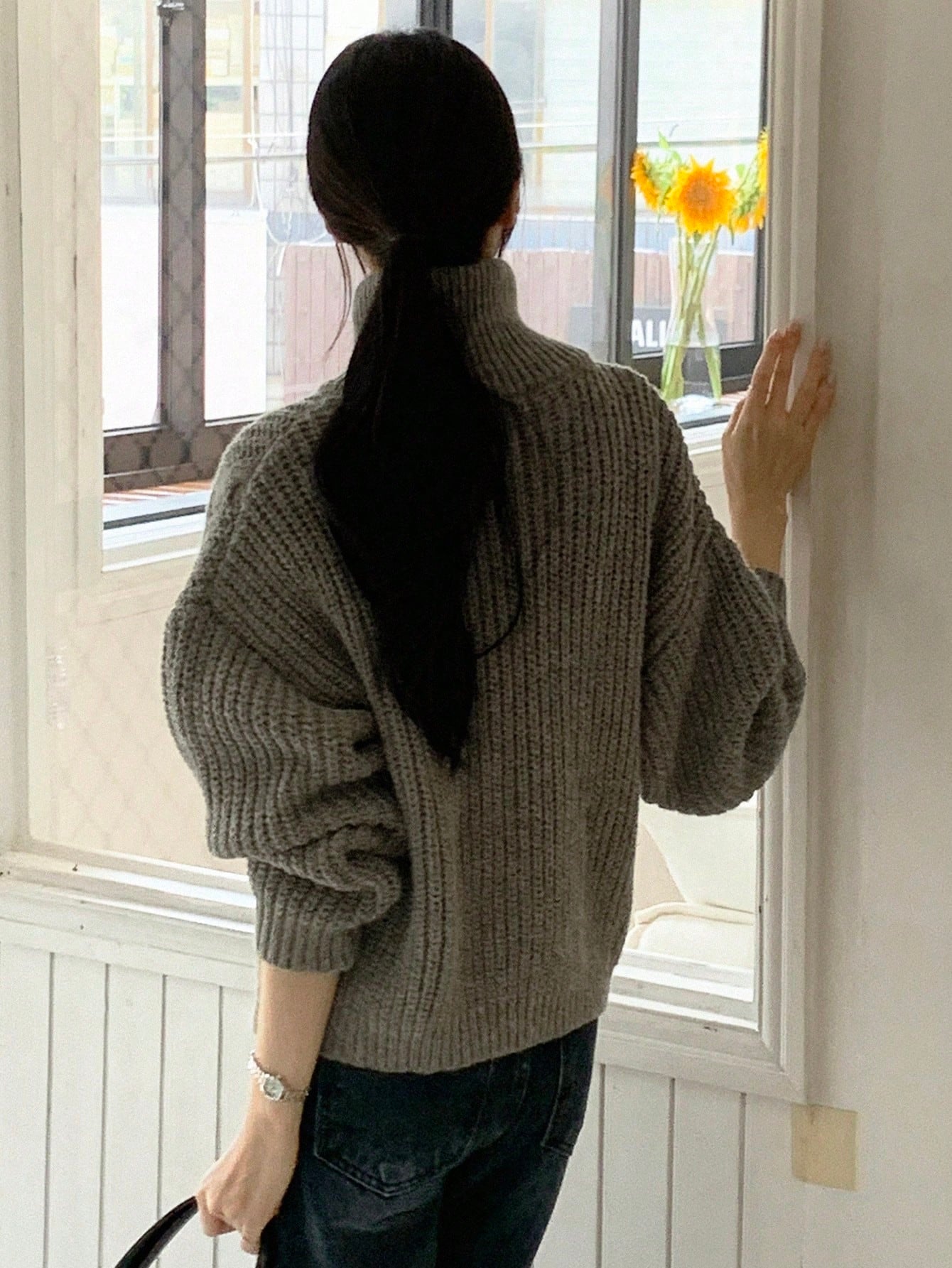 Dazy-Less Drop Shoulder Zipper Front Cardigan,Three Quarter Sleeve Tops Jacket