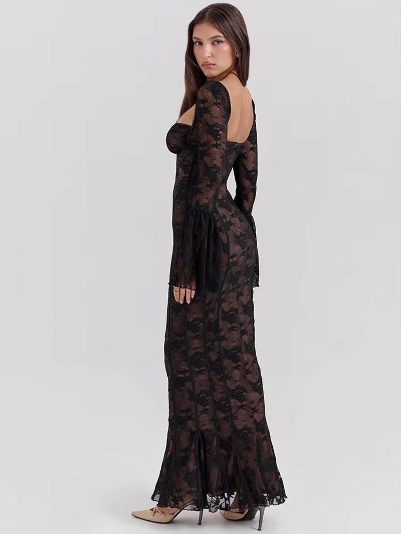 Lace Print Long Flare Sleeve Sexy Maxi Dress for Women Fashion Square Collar Backless Bodycon Club Party Sexy Dress