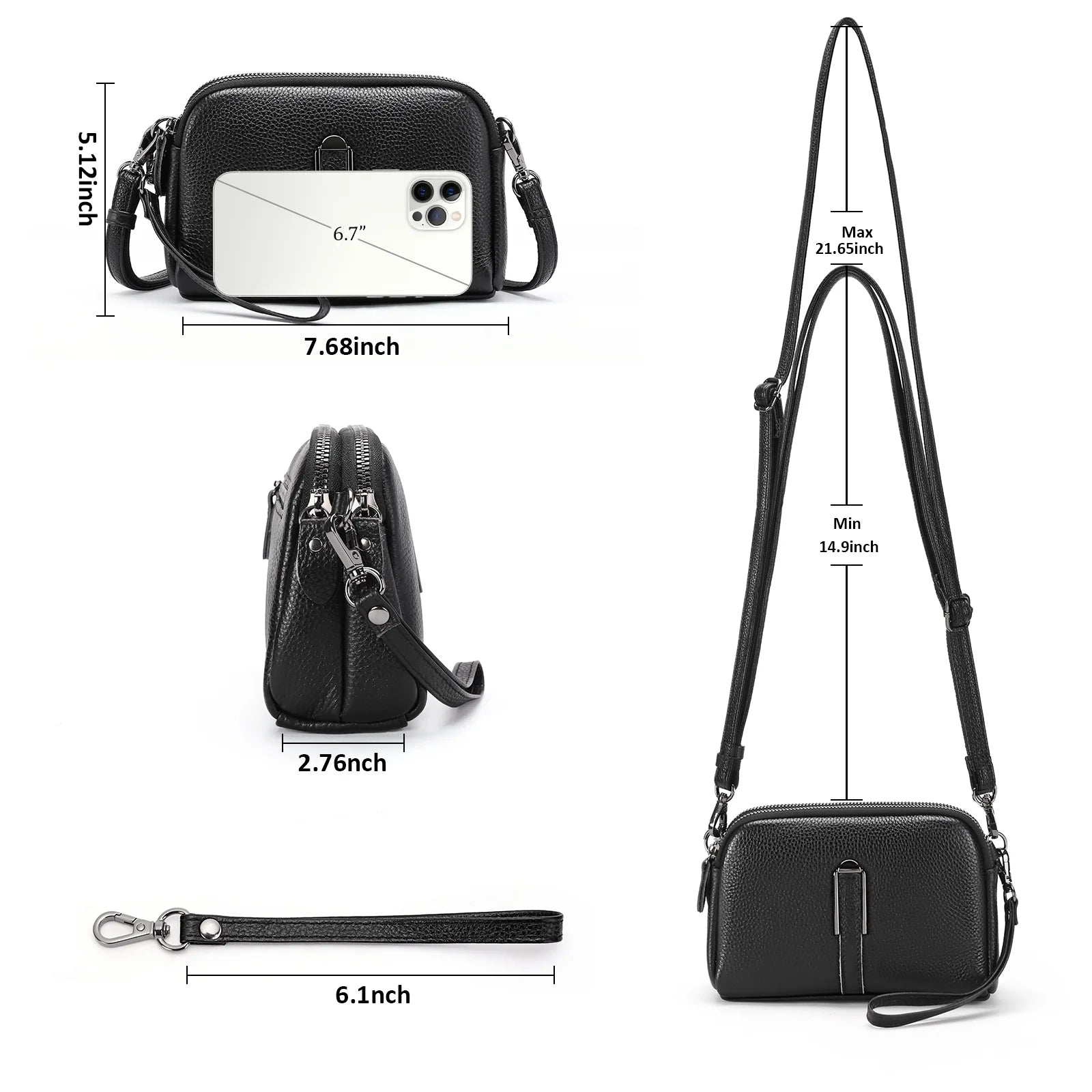 Crossbody Bags for Women Small Genuine Leather Shoulder Purse Cross Body Bag with Wristlet Top Zipper