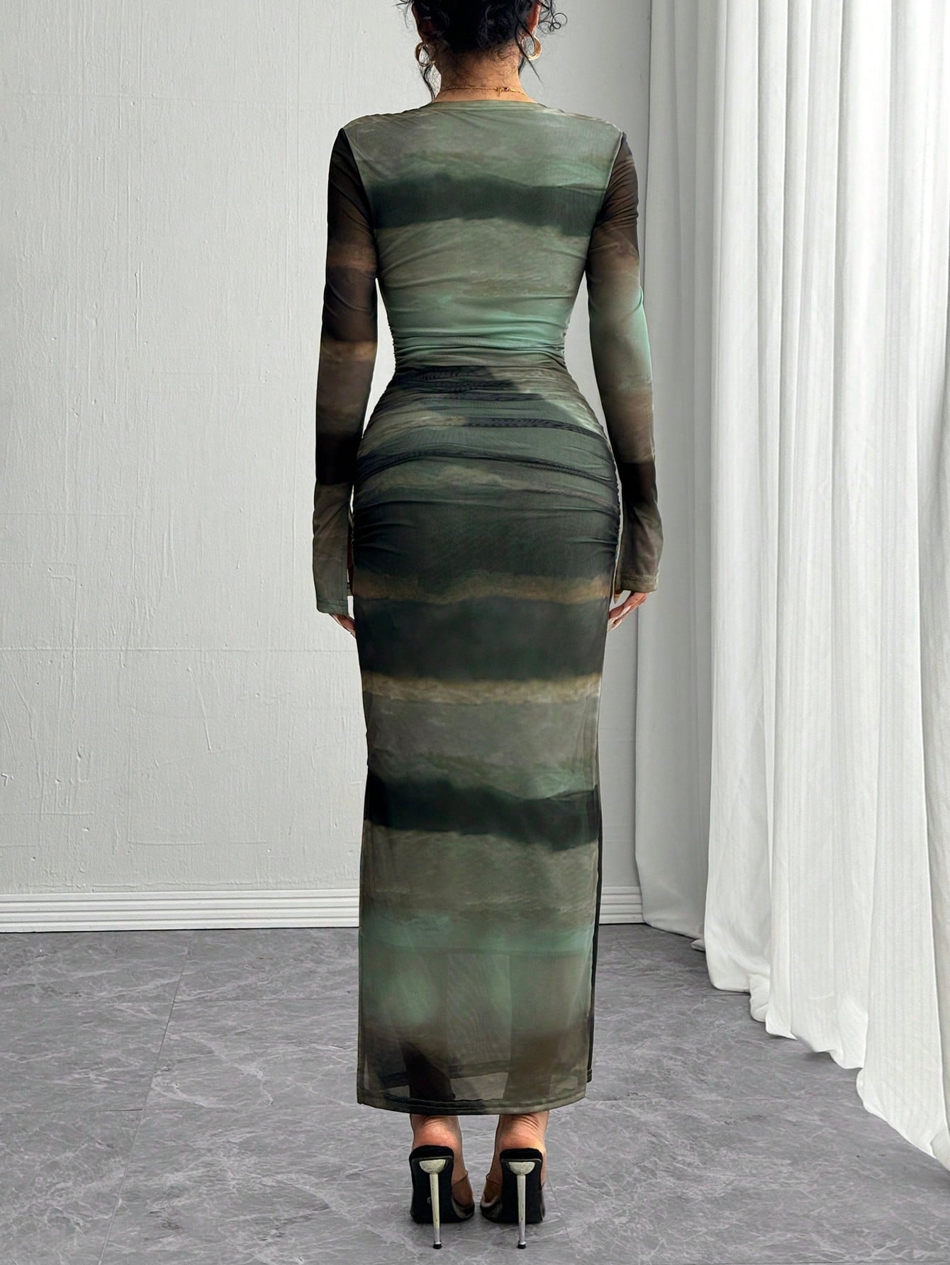 Islaluna Long Sleeve, Split Cuff, Drawcord Waist, U-Neck, Mesh Abstract Print Fitted Dress for Women Maxi Women Outfit Fall Cloth for Women