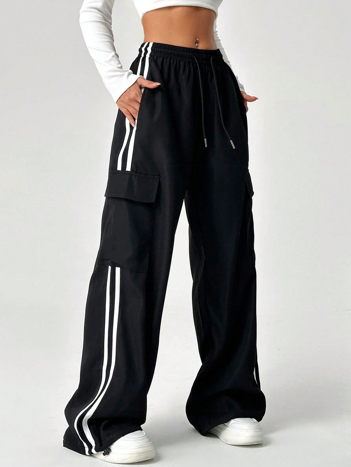 Ezwear Drawstring Waist Striped Side Pocket Pants