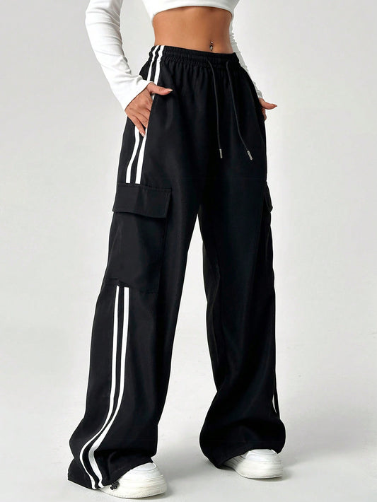 Ezwear Drawstring Waist Striped Side Pocket Pants