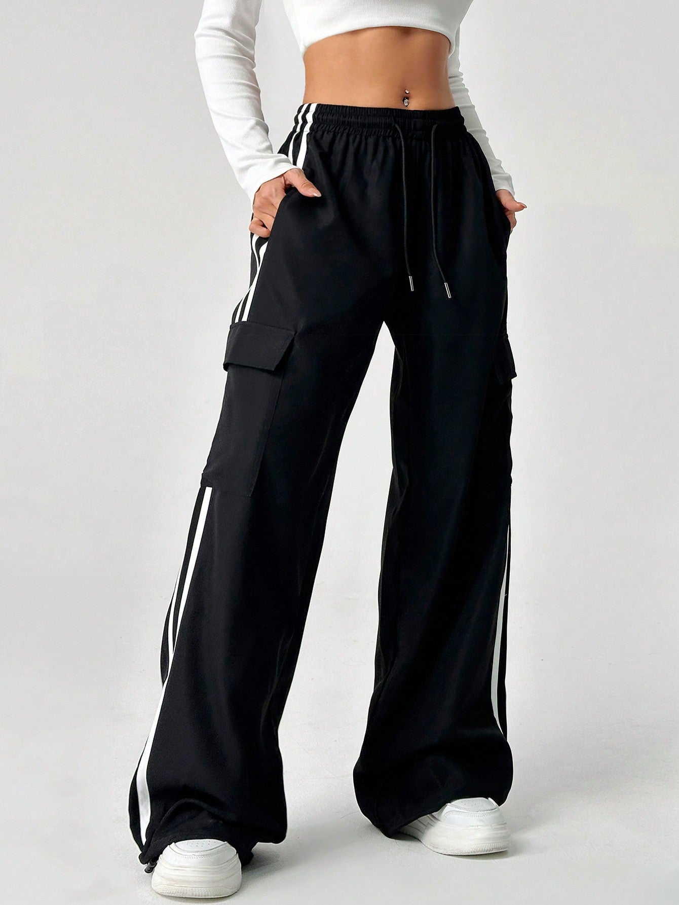 Ezwear Drawstring Waist Striped Side Pocket Pants