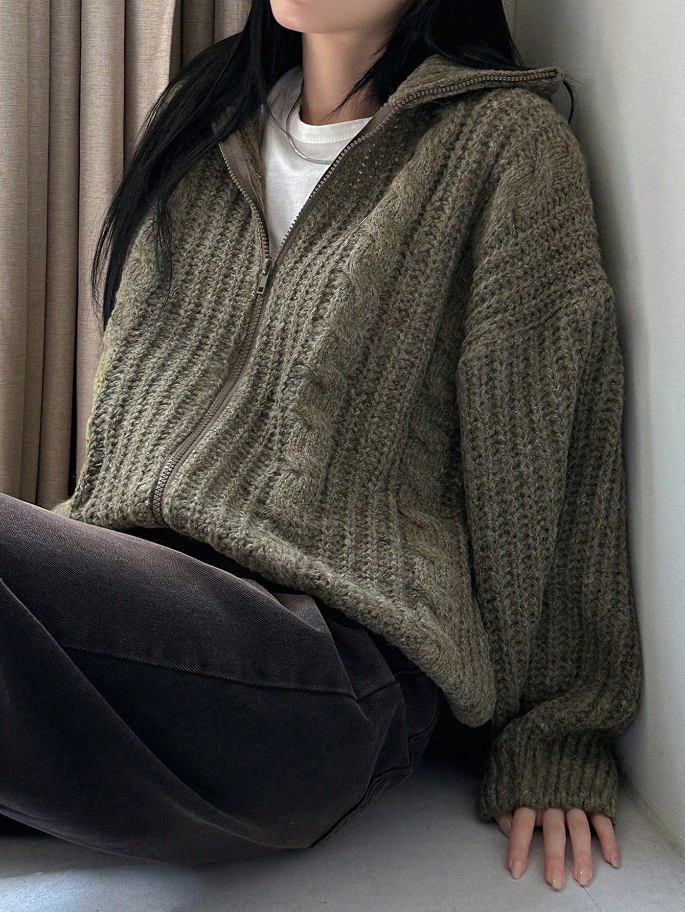 Dazy-Less Drop Shoulder Zipper Front Cardigan,Three Quarter Sleeve Tops Jacket